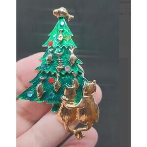 Cat Kitten Christmas Tree Brooch Fish Ornaments Enamel & Flat Crystals